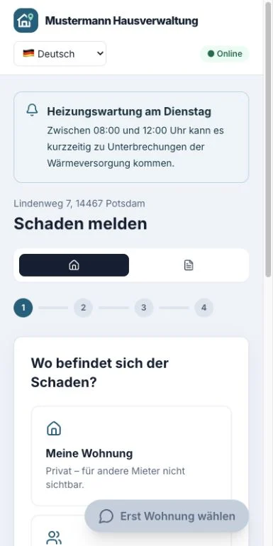 Mobile casapin Schadensmeldung für Bewohner